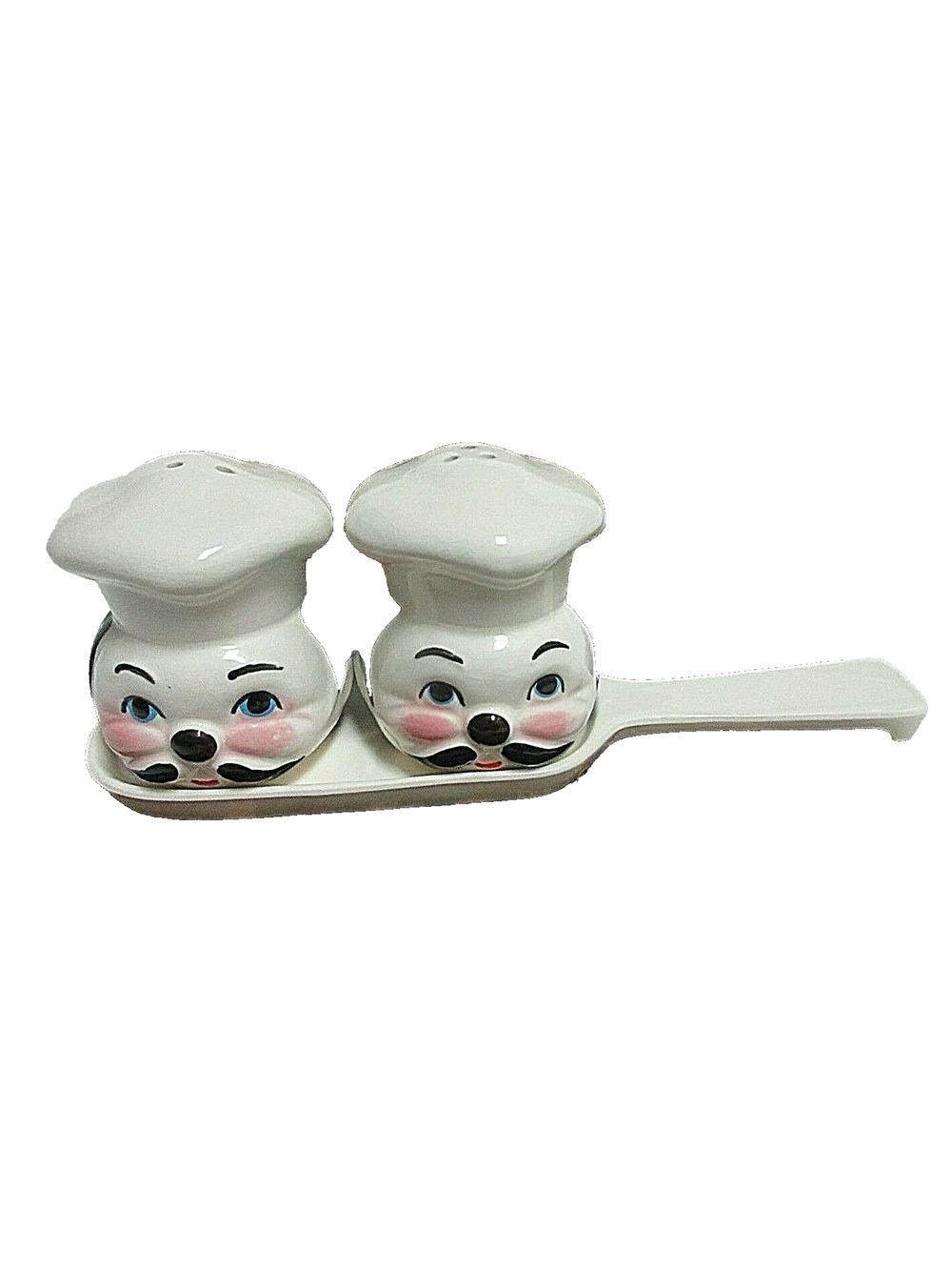 Vintage Chef Salt & Pepper Shakers on Platter Made in Japan original stoppers
